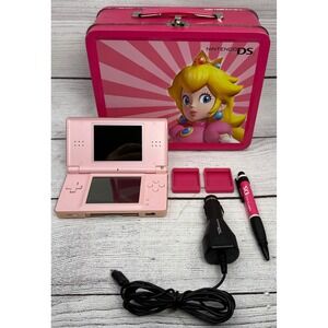 Nintendo DS Lite Metallic Rose Pink Console USG-001 Princess Peach Case Bundle